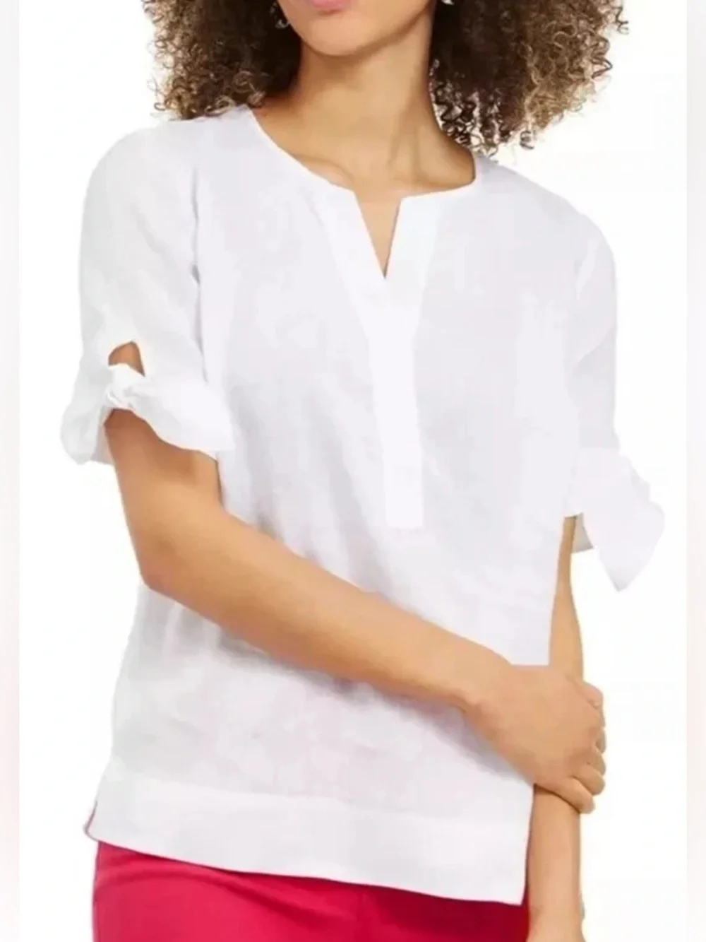 New 100% Linen Charter Club White V-Neck Tie Sleeve Bow Blouse Size S - Picture 4 of 8
